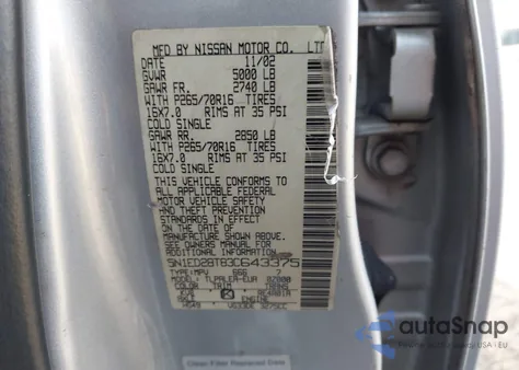 2003 Nissan Xterra Xe z USA, uszkodzony, nr VIN 5N1ED28T83C643375